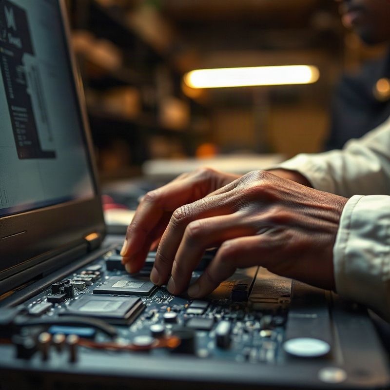 Technician's hands working on a laptop motherboard under LED task lighting