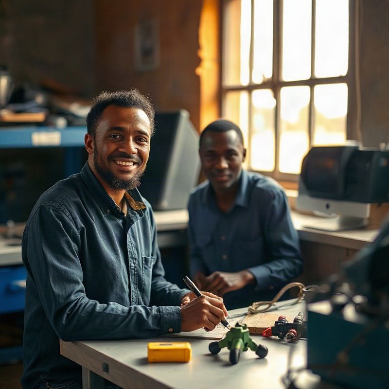 Two Minteorbit technicians at a workbench in the Kitale workshop